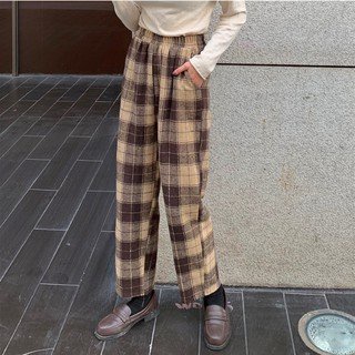Quần Kẻ Caro Nâu Đen Ô To Plaid Pants unisex - Culottes ống rộng cạp chun vintage, thiết kế đơn giản