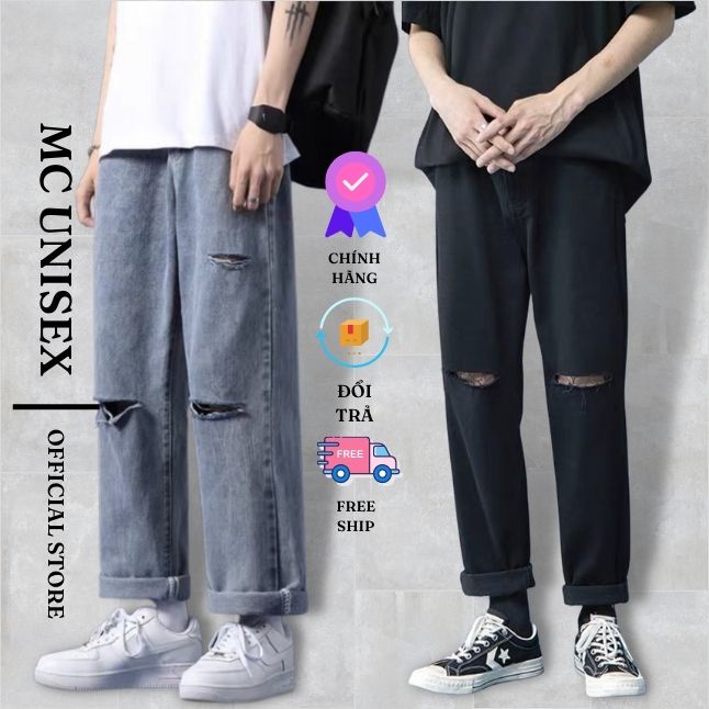 Quần Jean Nam Baggy Rách Gối, Ống Suông Rộng, Chất Bò Jeans Cao Cấp Nam, Nữ Unisex
