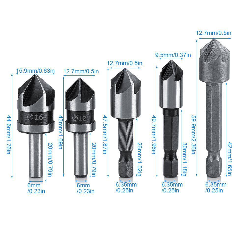 5pcs/set High Speed Steel Industrial Countersink Drill 5 Flutes Woodworking Chamfering Cutter