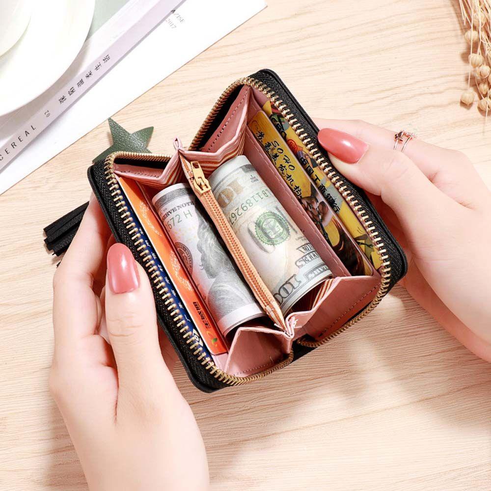 Ví Da PU Đựng Tiền / Thẻ Có Khóa Kéo Phối Tua Rua Dễ Thương Cho Bạn Gái