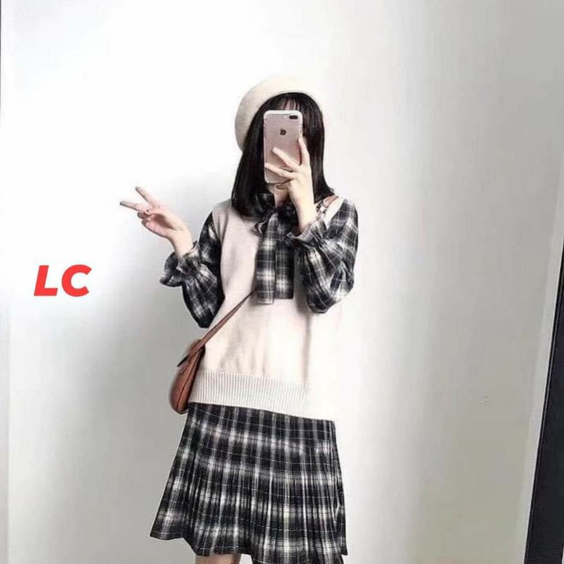 Váy Kẻ Caro Nơ Cổ Babydoll Ulzang