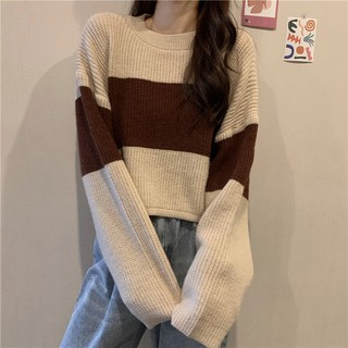 Xj-new retro sọc dài tay dệt kim ngắn hoang dã 201216