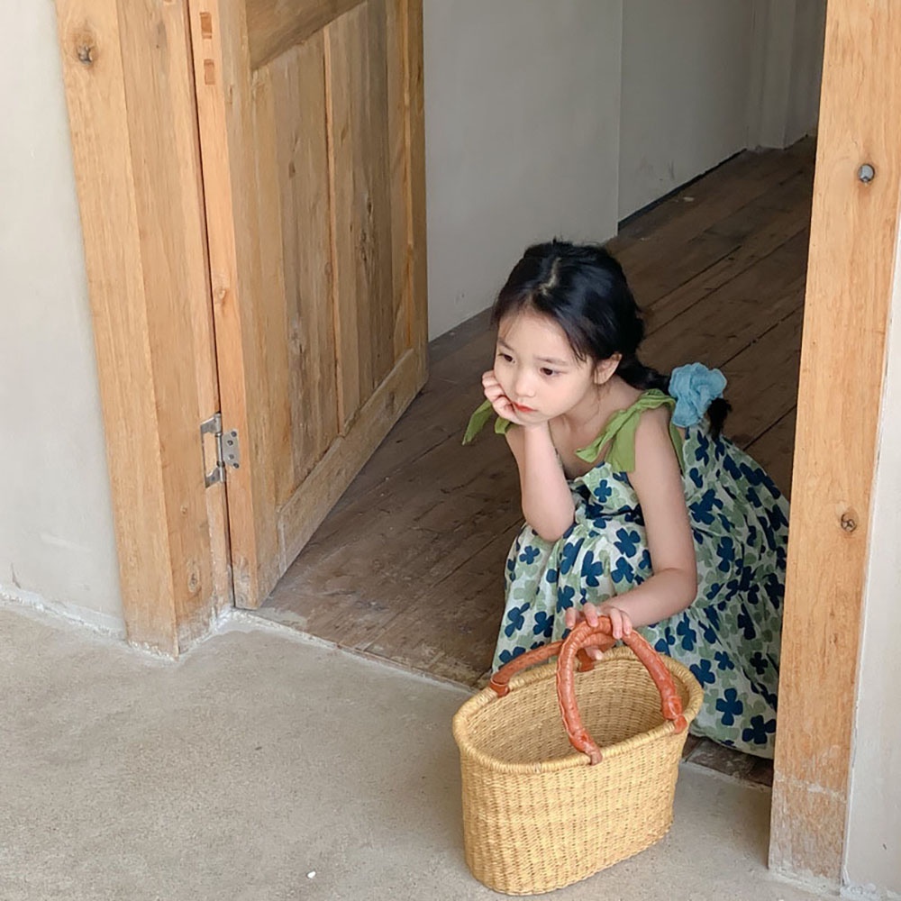 Đầm BEAR LEADER hai dây cột nơ họa tiết hoa thời trang mùa hè 2022 xinh xắn cho bé gái 3-7 tuổi