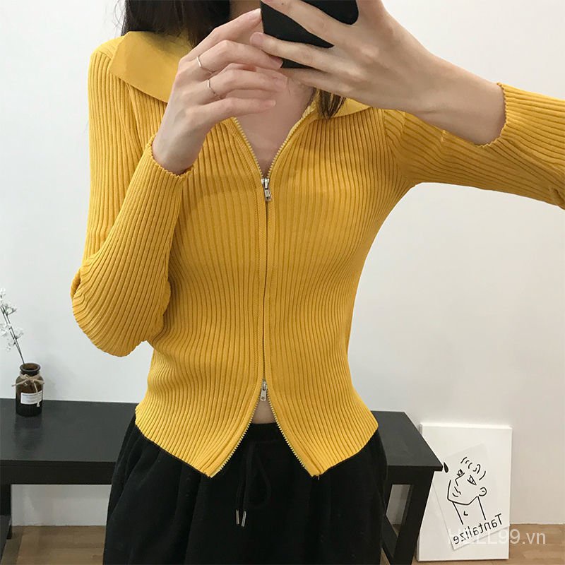 Áo Cardigan Dệt Kim Hai Đầu Tay Dài Dáng Ôm Có Khóa Kéo Thời Trang Mùa Thu Mới Cho Nữ