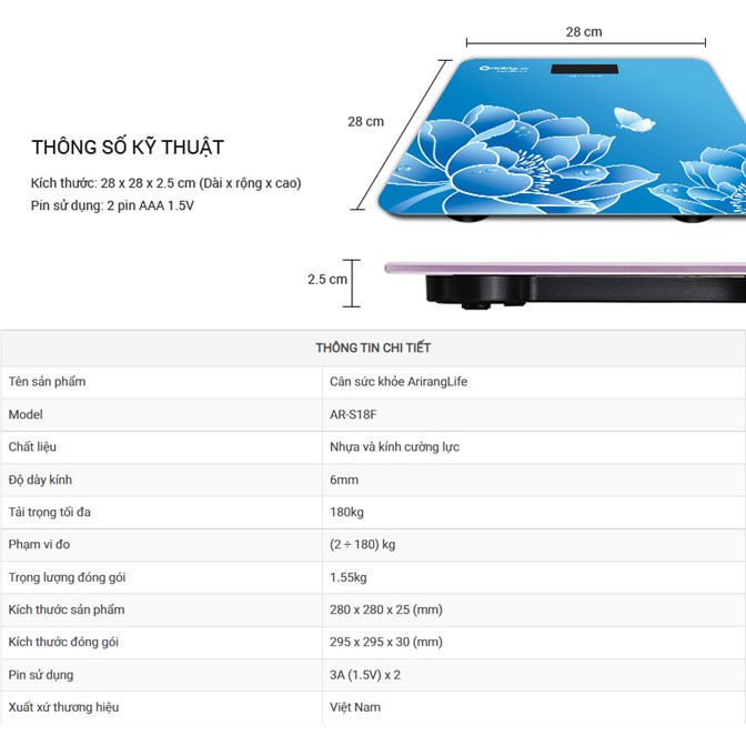 Cân sức khỏe điện tử Arirang mặt kính cường lực tải trọng 180kg
