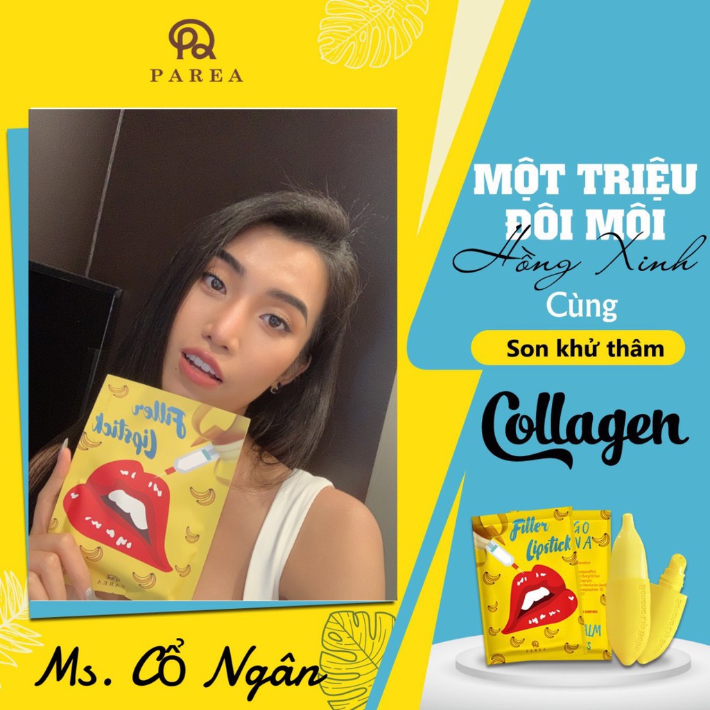 Son Filler Collagen chuối khử thâm Parea cùng son màu Chu Lipstick, giúp môi căng mọng hồng hào