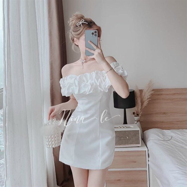 [Sale 12.12 free ship] Đầm umi ôm dáng cực đẹp, thiết kế phong cách trễ vai phối nhúng