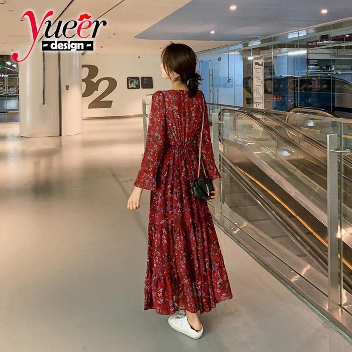 Đầm maxi nữ dài tay hoạ tiết hoa xinh xắn size S-Xl | BigBuy360 - bigbuy360.vn