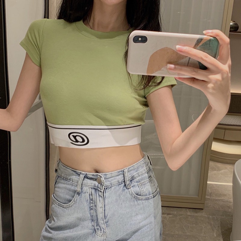 Áo thun crop top cổ tròn tay ngắn in họa tiết chữ dành cho nữ