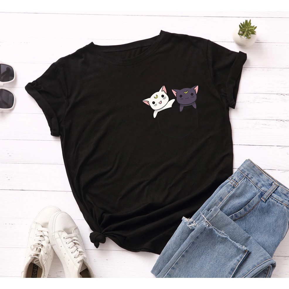 Áo thun phông nam nữ form rộng Familylove - Mẫu áo Unisex 2 chú Mèo trong Họa Tiết Túi chất Cotton 100% cao cấp