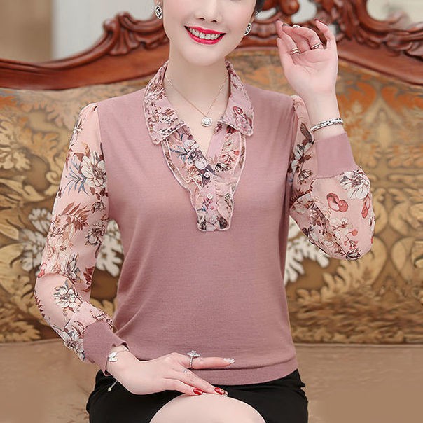 2021 Phong cách phương Tây mẹ mùa thu áo sơ mi dài tay ren mới Áo phông ren cho phụ nữ trung niên và cao tuổi áo sơ mi đ
