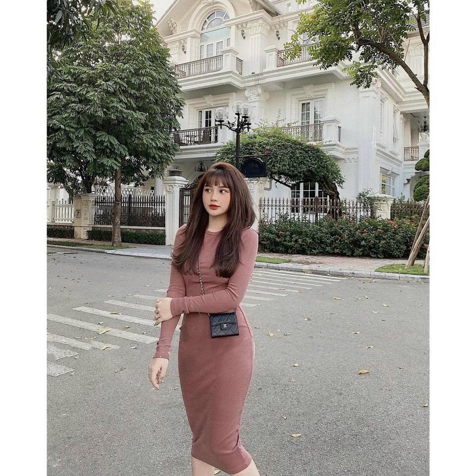 Váy body nữ trơn Quảng Châu thiết kế dài tay cổ tròn dáng dài siêu xinh, Đầm nữ dự tiệc chất len tăm co dãn đẹp