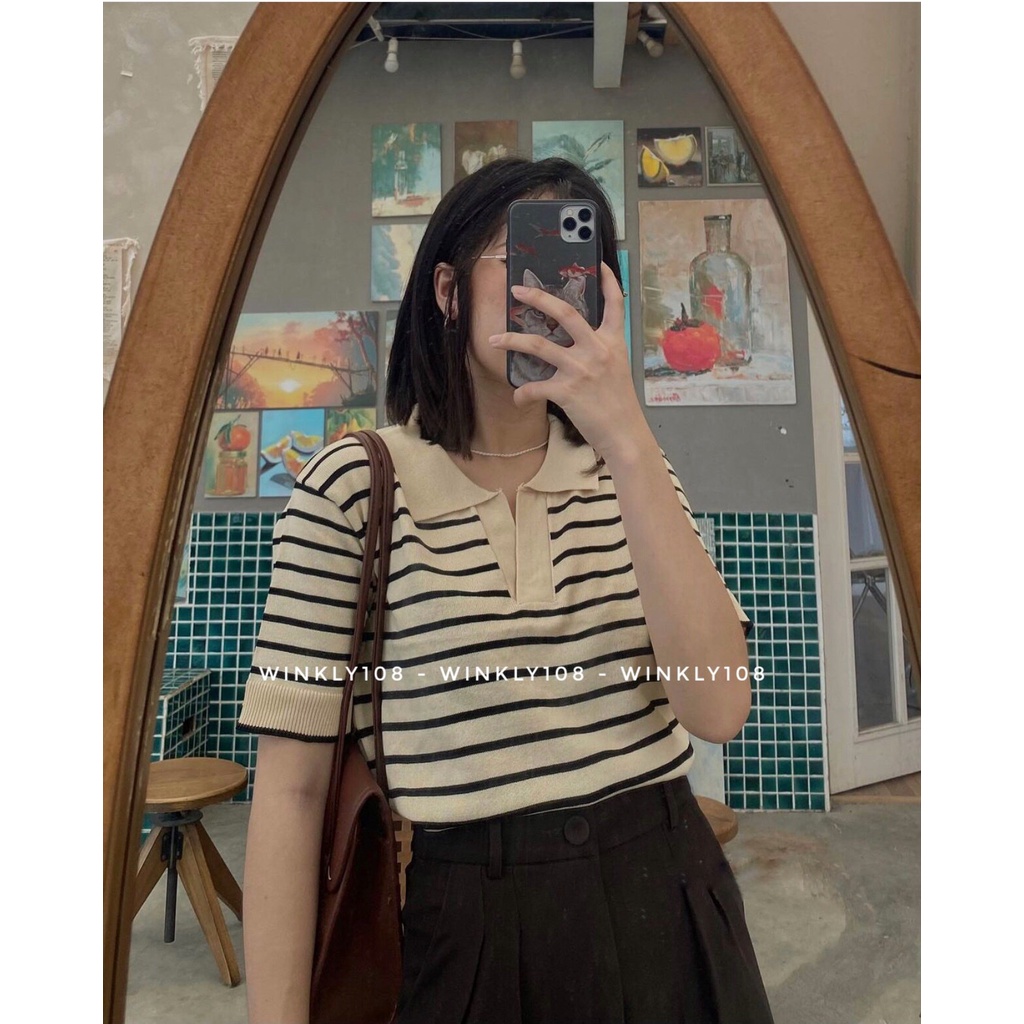 Áo len kẻ ngang cộc tay cổ đức ulzzang - Áo len mỏng kẻ ngang cổ V và cổ tròn