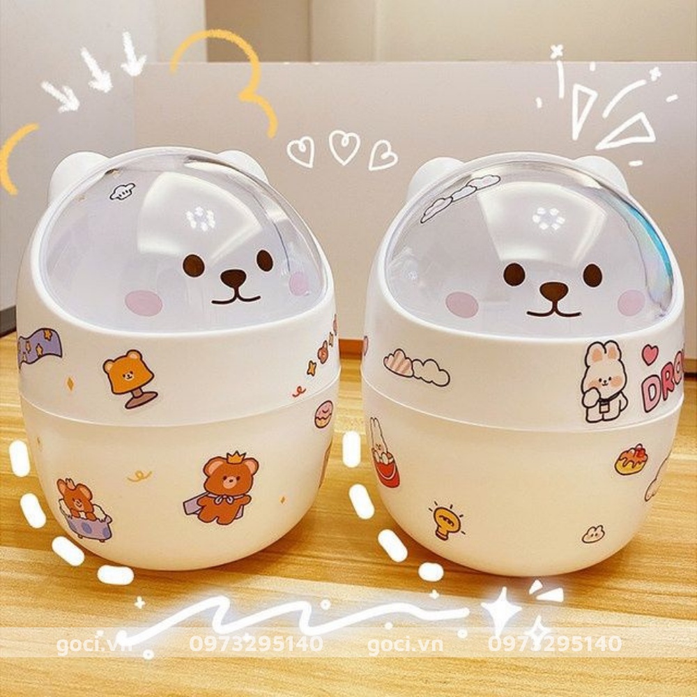 Thùng rác mini có nắp đậy để bàn hình gấu mèo cute   sọt đựng rác thông minh dễ thương văn phòng phẩm