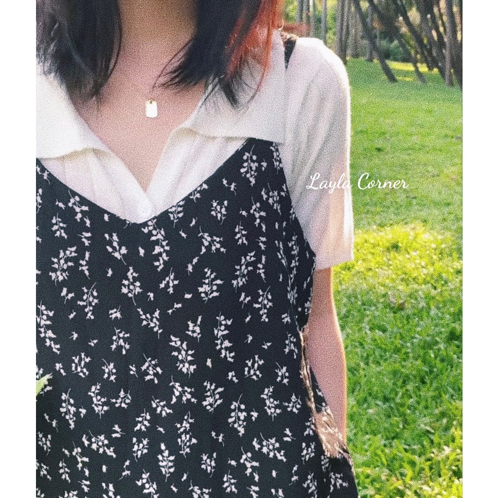 Váy 2 dây hoa nhí Vintage thiết kế dài qua gối dáng suông cho nàng thơ mùa hạ