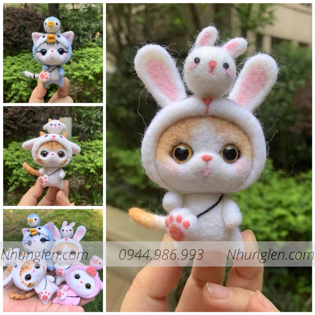 Bộ len chọc Mèo Mũm Mĩm có hướng dẫn làm quà tặng ý nghĩa. Needle felting cat