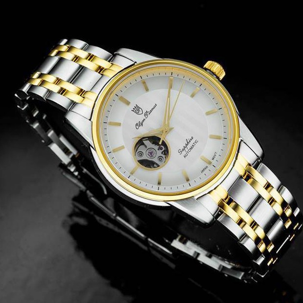 Đồng hồ nam dây kim loại mặt kính sapphire chống xước, automatic Olym Pianus OP990-162AMSK