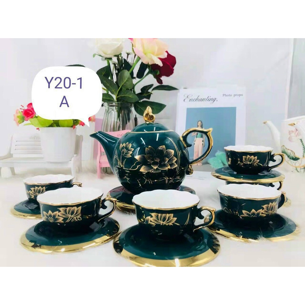 Bộ Ấm Chén Sứ Xanh Cổ Vịt Viền Vàng Kèm Khay Y2-2
