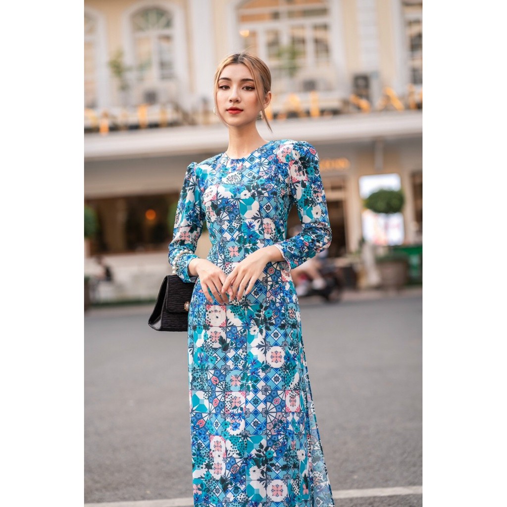 HÀNG TK - SET BỘ ÁO DÀI CÔ BA SÀI GÒN CỔ TRÒN MÀU XANH SIÊU XINH
