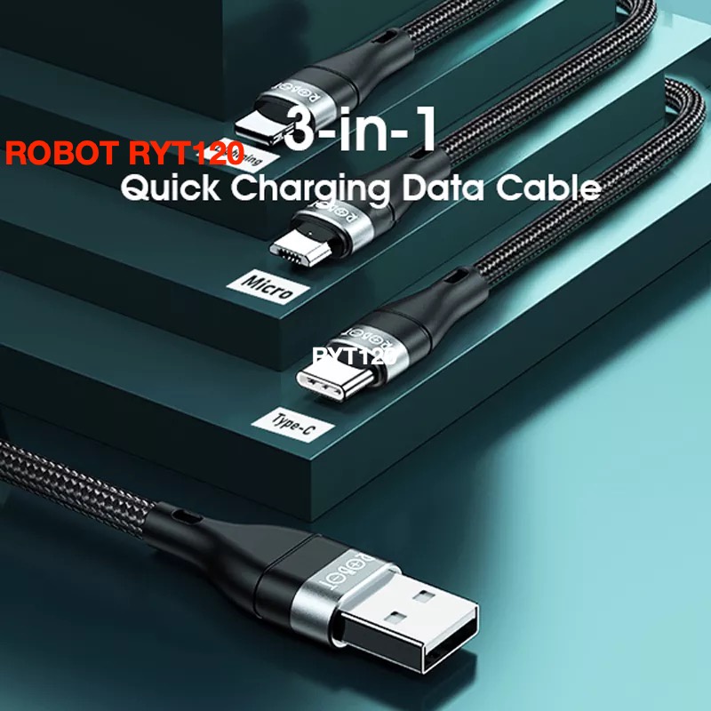 Cáp Sạc Đa Năng 3 Đầu 3A Robot RYT120-Micro USB Type-C 3 in 1 Cho IP Samsung Oppo  Huawei...