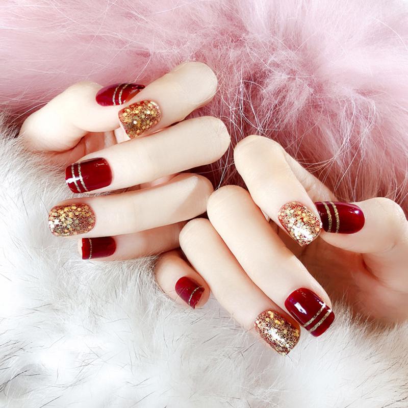 Bộ 24 móng tay giả DRAGON RANEE acrylic hai mặt màu trắng đỏ để trang trí móng