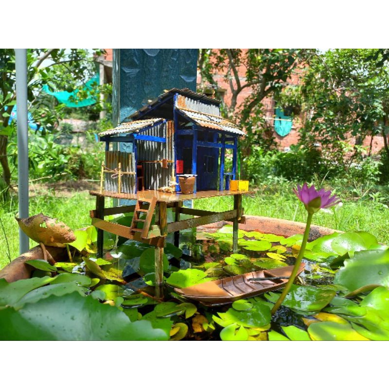 Mô Hình Xuồng Gỗ Nổi Trang Trí Hồ Cá