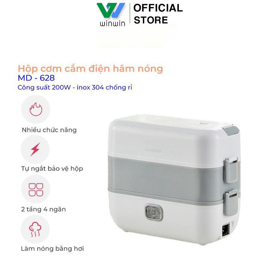 Hộp cơm cắm điện hâm nóng, 2 tầng 4 ngăn, công suất 200W đa chức năng nấu cơm, hầm, hâm_Vimart