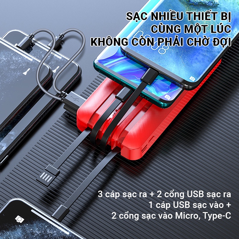 Pin sạc dự phòng Cát Thái YM-290S 20000mAh tích hợp sẵn 4 cáp sạc Micro/Type-C/Lightning/USB hỗ trợ sạc nhanh 2A