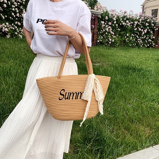 Túi xách nữ thời trang mới Thông thường đơn giản thêu chữ cái Túi đeo vai Đi biển Kỳ nghỉ Túi xách bện (bao gồm ruy băng)