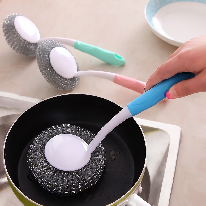 Cây CỌ BÙI NHÙI CÁN DÀI rửa bát xoong nồi chảo làm sạch vết bẩn tay cầm bằng nhựa