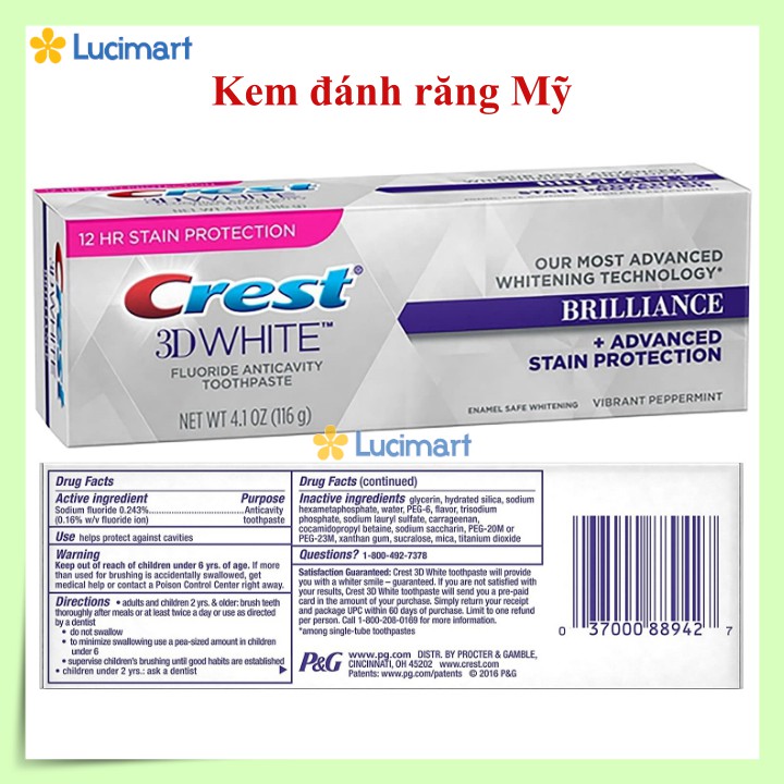 Kem đánh răng Crest 3D White Brilliance, 116g [Hàng Mỹ]