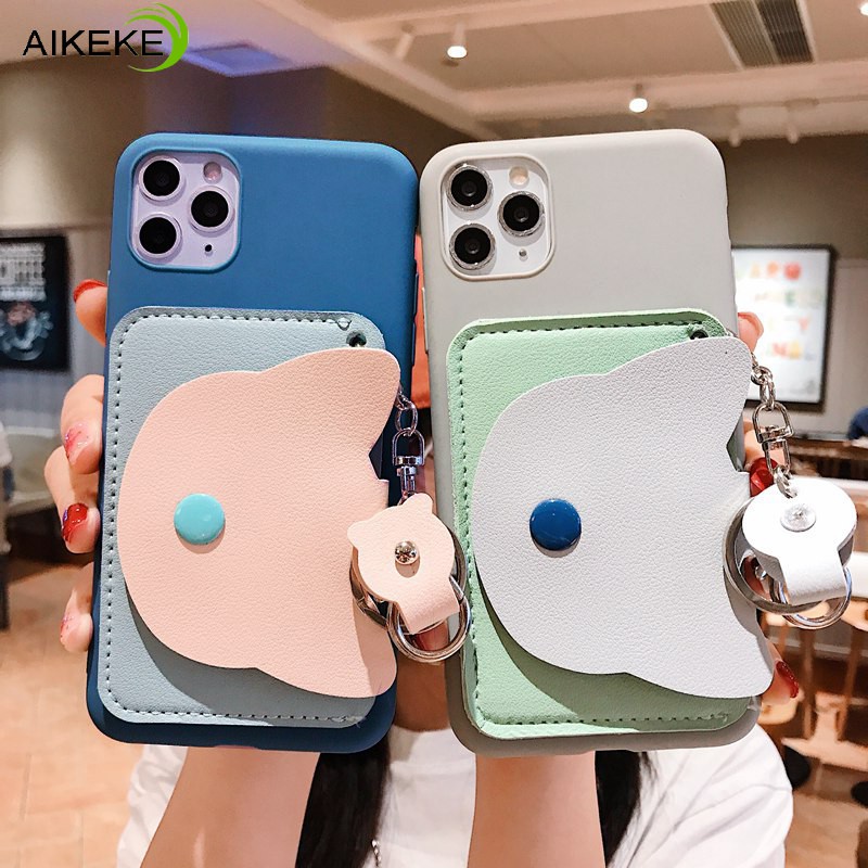 Ốp điện thoại dạng ví đựng thẻ tiền xu hình mèo gắn móc khóa cho iPhone 12 11 Pro Max XS Max SE 2020 XR X 7 8 6 Plus 5