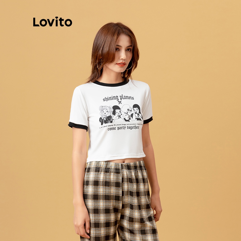 Áo thun Lovito cổ tròn in họa tiết hoạt hình phong cách thường ngày L05251 (trắng) | BigBuy360 - bigbuy360.vn