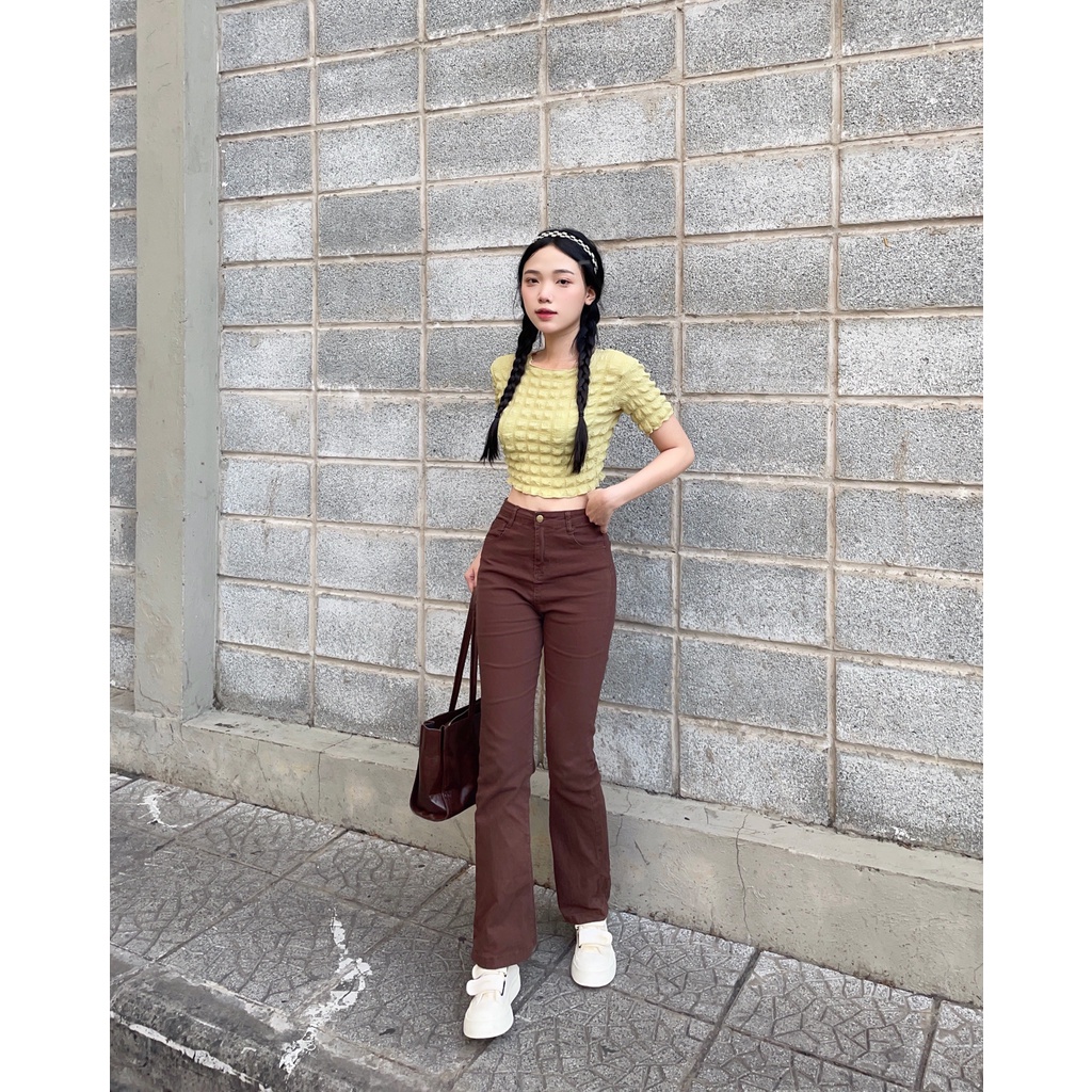 SS0302 Áo croptop xốp Mon Official mềm mại, co giãn nhẹ có 4 màu freesize