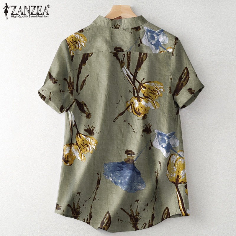 Áo sơ mi Zanzea tay ngắn cổ chữ V in họa tiết phong cách vintage dành cho nữ