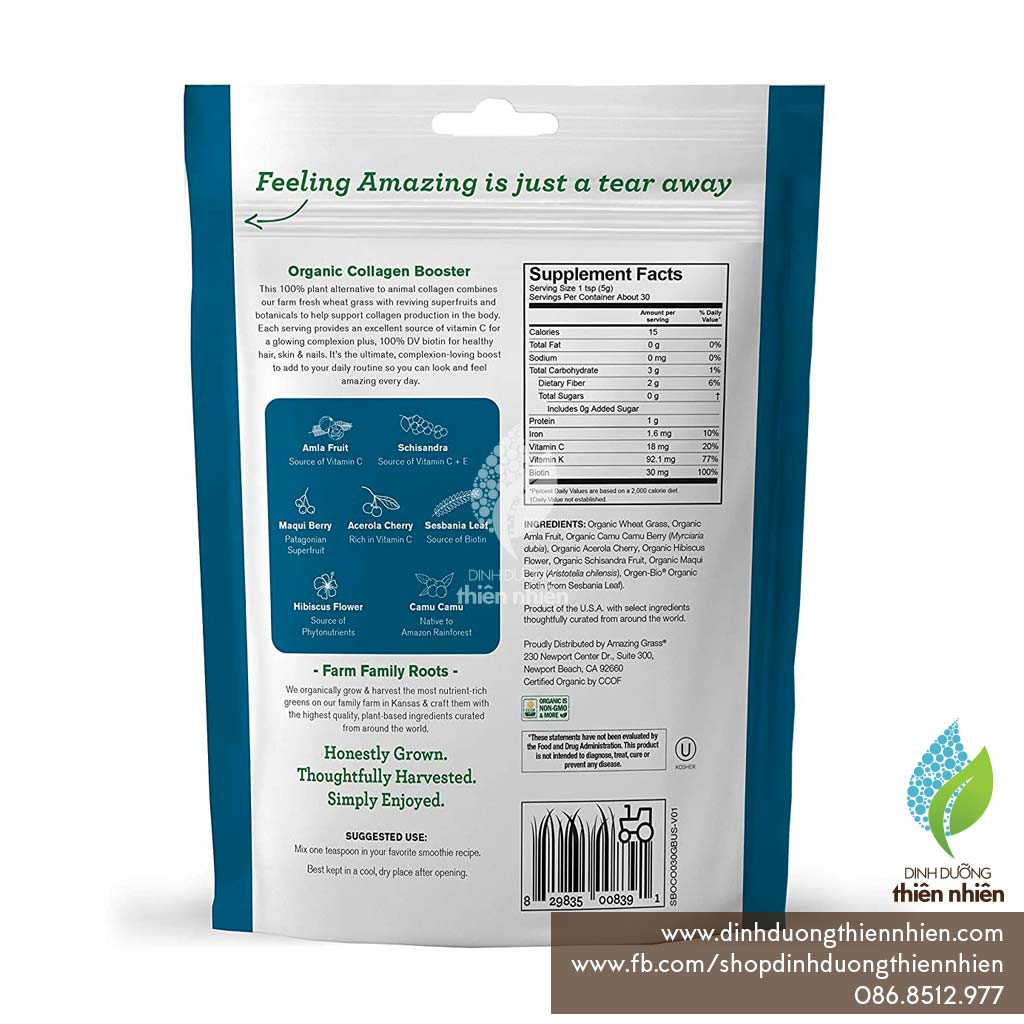 Hỗn Hợp Bột Uống Rau Củ Quả Hữu Cơ, Amazing Grass Vegan Collagen Booster, Giúp Cải Thiện Da Móng Tóc, 150g