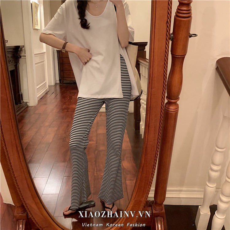 Áo thun Xiaozhainv thiết kế xẻ tà xẻ / quần dài ống rộng thời trang cá tính