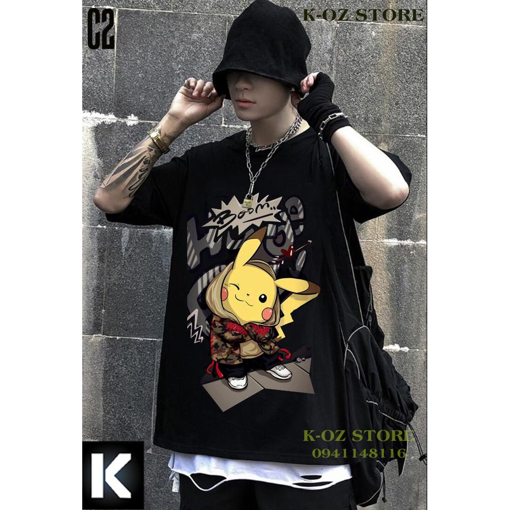 Áo thun PIKACHU tay lỡ C2 OVERSIZE UNISEX (2 Màu ĐEN-TRẮNG)