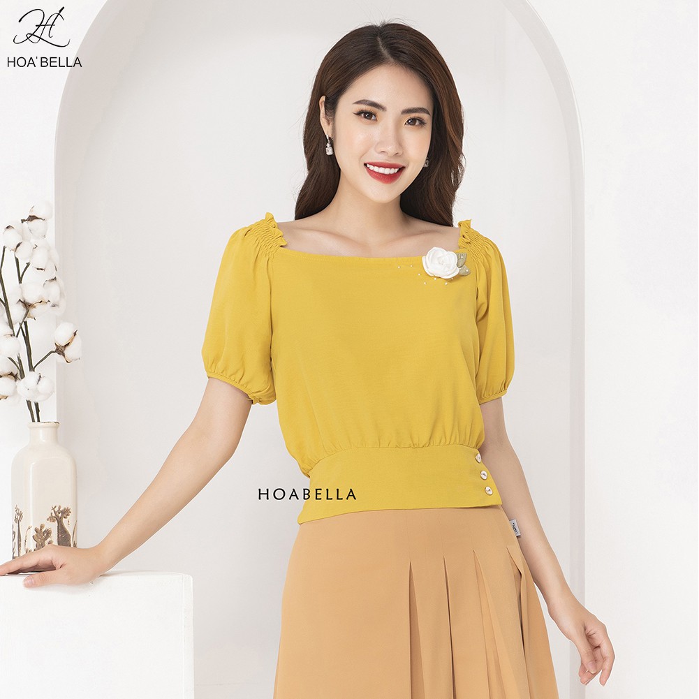 Áo Kiểu Nữ HOABELLA Đính Hoa Dáng Croptop Tay Bồng Tính (MA81)