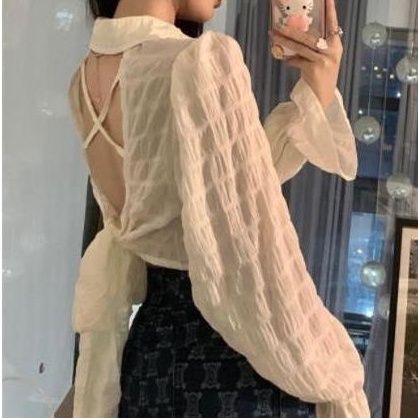 Áo Blouse Nữ Plus Size Tay Dài Hở Lưng Màu Trơn Phong Cách Vintage Hàn Quốc