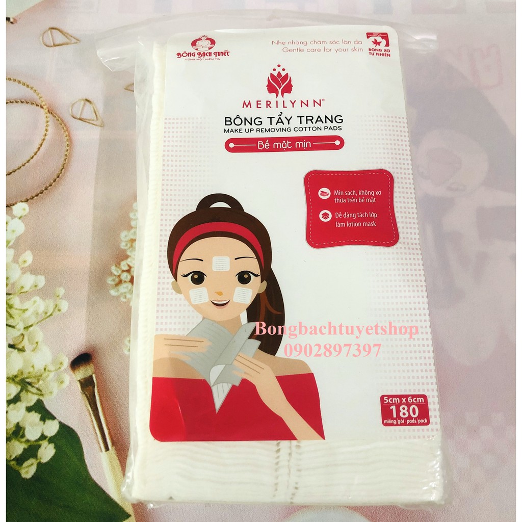 Bông Bạch Tuyết Merilynn bề mặt mịn 180 miếng/ gói – Bông tẩy trang Kotton Beauty mặt mịn đắp Lotion mask