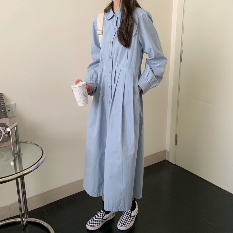 Đầm Midi Dáng Chữ A Tay Dài Màu Trơn Phong Cách Hàn Quốc Thời Trang Cho Nữ