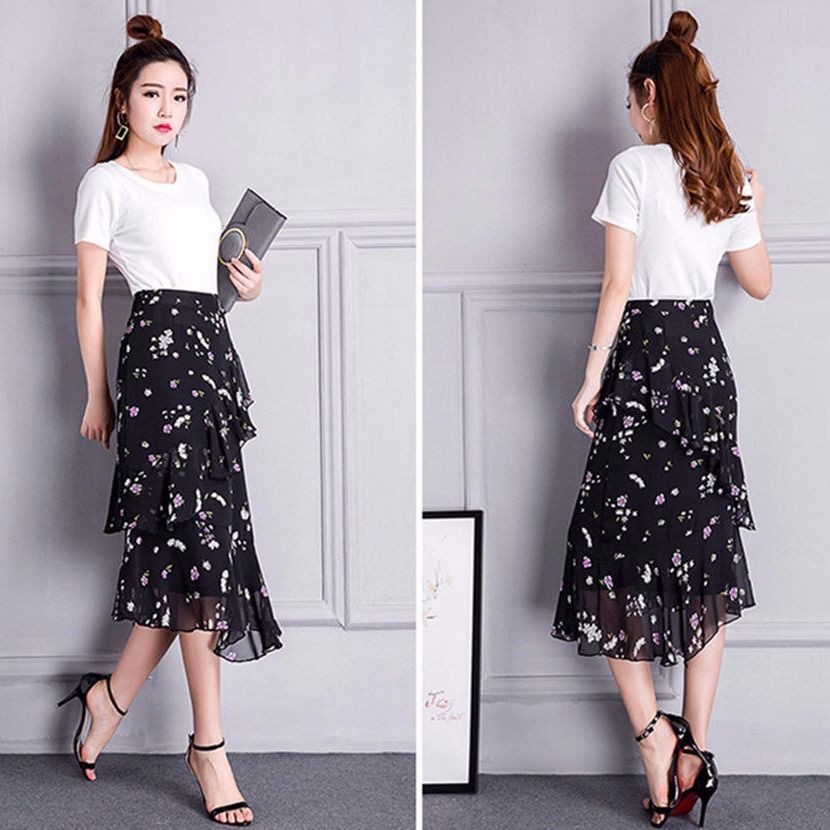 Chân váy chiffon lưng cao họa tiết bông sen thanh lịch