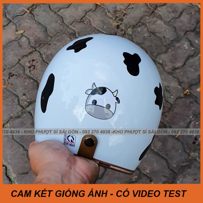 GIỐNG ẢNH - Mũ nón bảo hiểm 3/4 trắng lót nâu tặng kèm Sticker bò sữa đen chống nước độc đáo - Nón 3/4 bò sữa độc đáo