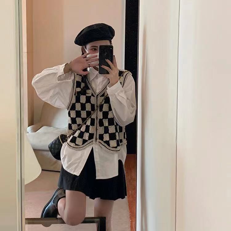 Áo dệt kim không tay họa tiết sọc caro phong cách retro Hàn quốc | BigBuy360 - bigbuy360.vn