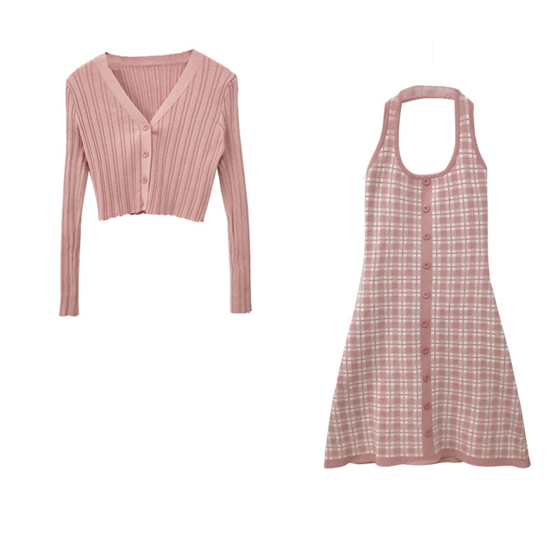 DUNEA Bộ Đầm Dệt Kim Kẻ Sọc + Áo Khoác Cardigan Chống Nắng Thời Trang Cho Nữ