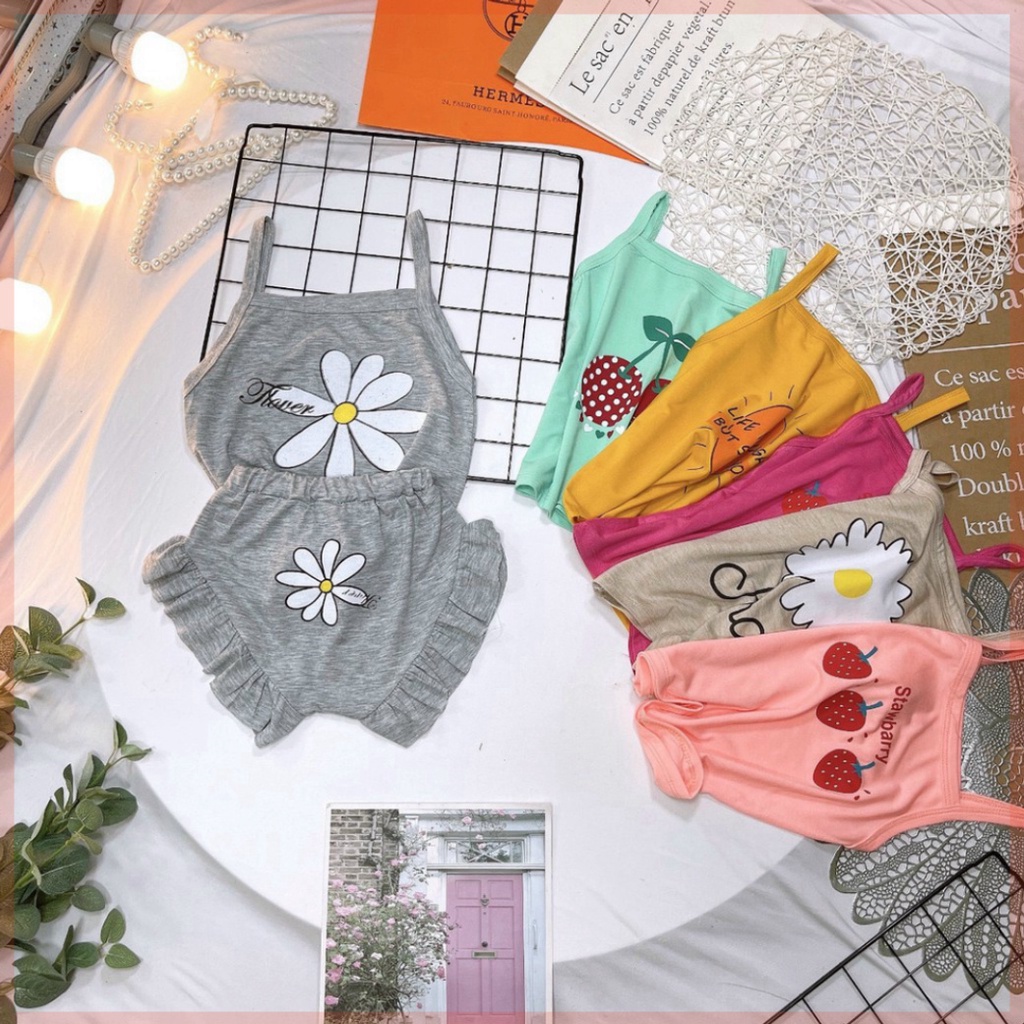 BỘ 2 DÂY BÉ GÁI VẢI COTTON IN HÌNH HOA QUẢ SUWBARRY SIÊU ĐÁNG YÊU