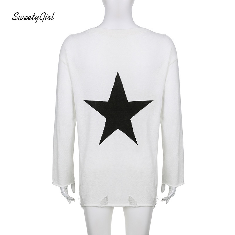 Áo Khoác Cardigan Dệt Kim Tay Dài Cổ Tròn Dáng Rộng In Họa Tiết Ngôi Sao Màu Tương Phản Thời Trang 2022 Cho Nữ