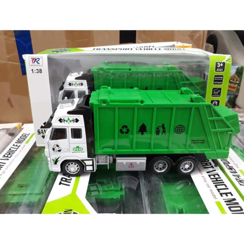 Xe ô tô chở rác màu xanh đồ chơi trẻ em tỉ lệ 1:38 xe chạy cót cabin bằng sắt