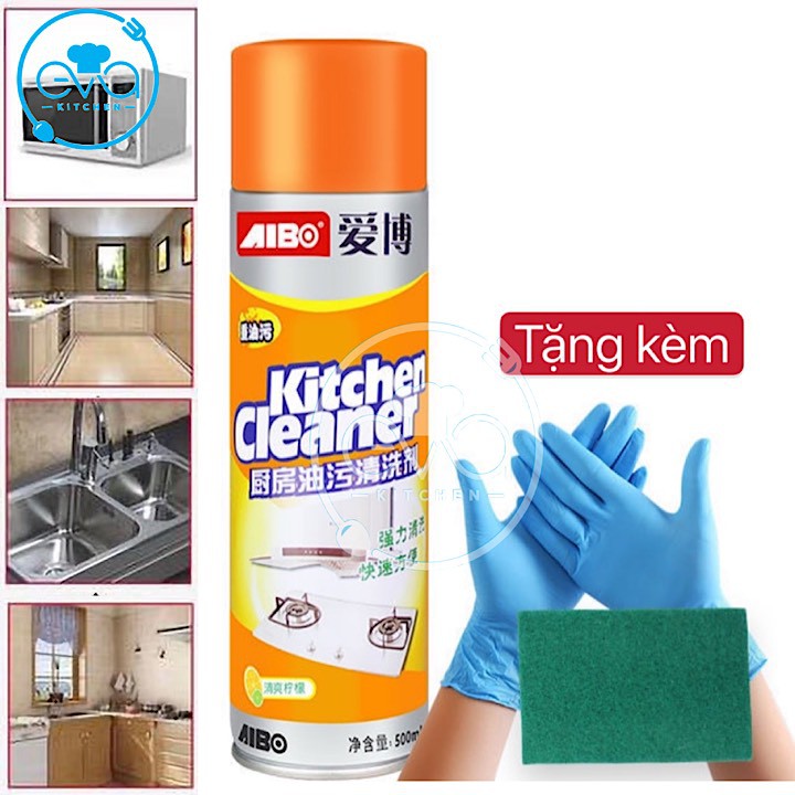 Chai Xịt Tẩy Rửa Đa Năng Nhà Bếp Dạng Bọt Tuyết Kitchen Cleaner Cam 500ml Tặng kèm đôi găng tay và Cước chùi xanh